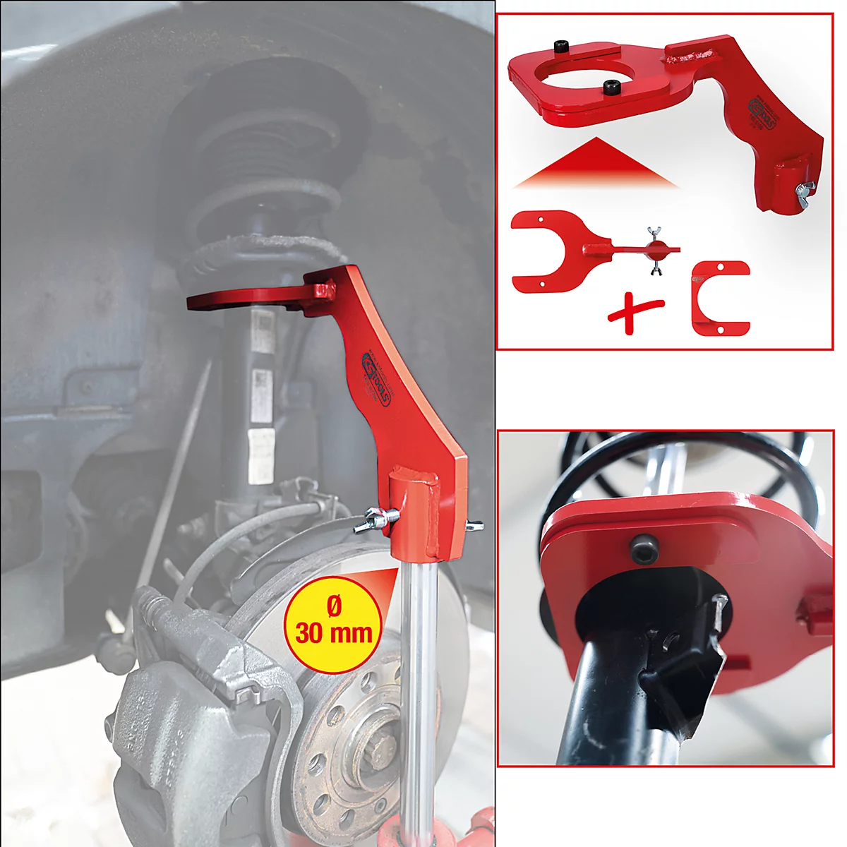 Rotes Werkzeug zur Fahrwerksreparatur, montiert an einem Fahrzeug. Detaillierte Ansichten zeigen das Werkzeug und Komponenten.